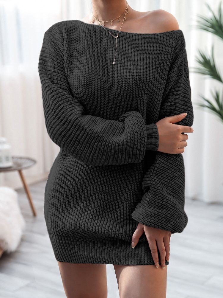 Off-Shoulder Tröj Klänning - Lykta Ärmar