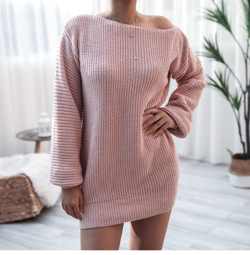 Off-Shoulder Tröj Klänning - Lykta Ärmar