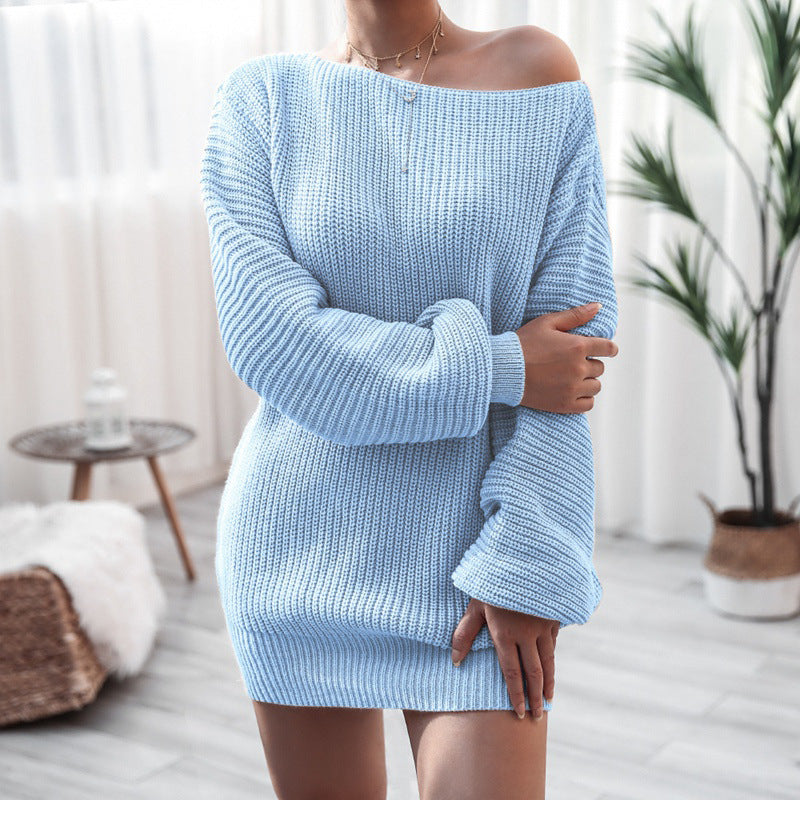 Off-Shoulder Tröj Klänning - Lykta Ärmar