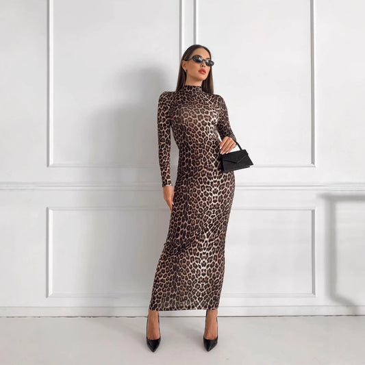 Fashion Leopard Lång Klänning - Stående Krage