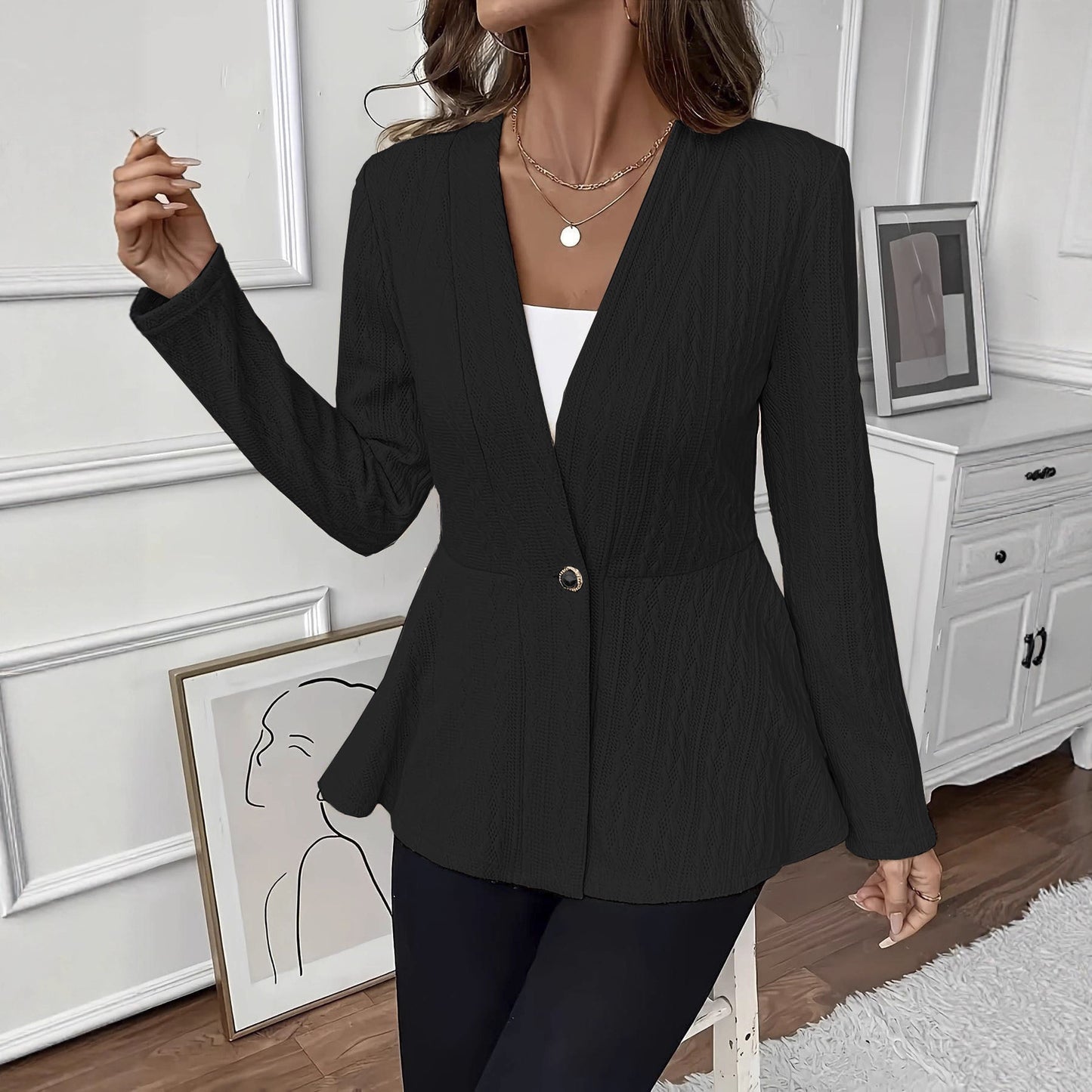 Enfärgad En-Knapp Stickad Cardigan