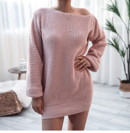 Off-Shoulder Tröj Klänning - Lykta Ärmar