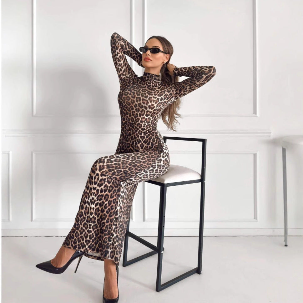 Fashion Leopard Lång Klänning - Stående Krage