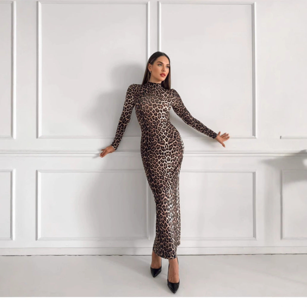 Fashion Leopard Lång Klänning - Stående Krage