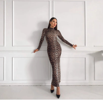 Fashion Leopard Lång Klänning - Stående Krage