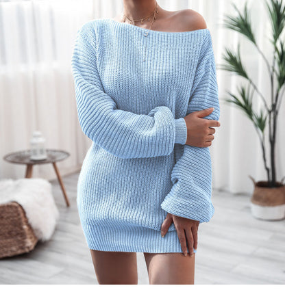 Off-Shoulder Tröj Klänning - Lykta Ärmar